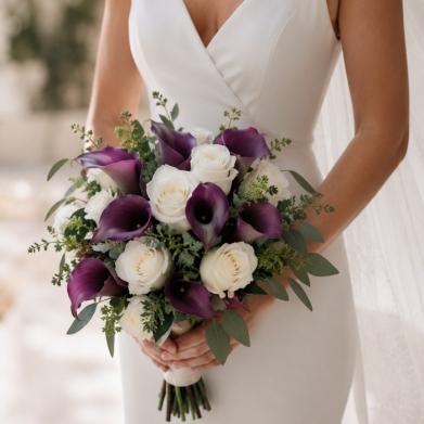 Mor Gala ve Beyaz G�l Gelin Buketi | Modern Gelin �i�e�i